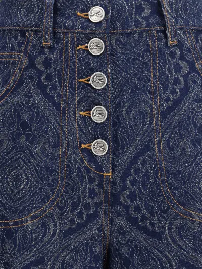 Etro Flared Jacquard Denim Jeans With Pegaso Buttons In Blue