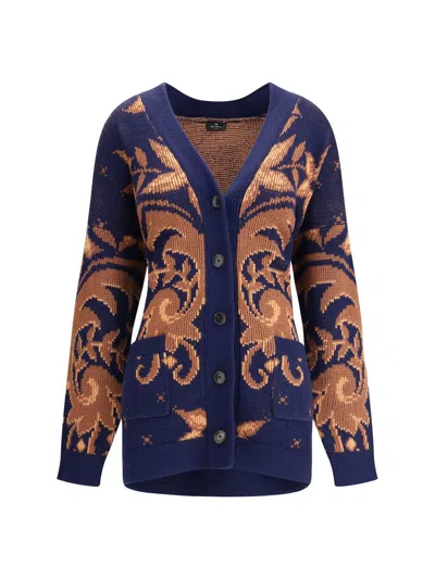 Etro Wool Jacquard V-neck Cardigan With Front Pockets In Blue