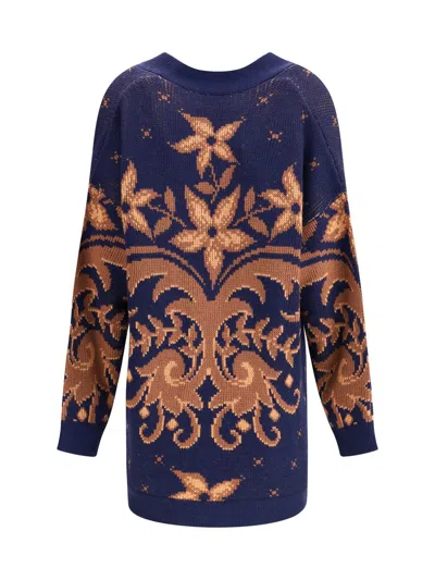 Etro Wool Jacquard V-neck Cardigan With Front Pockets In Blue