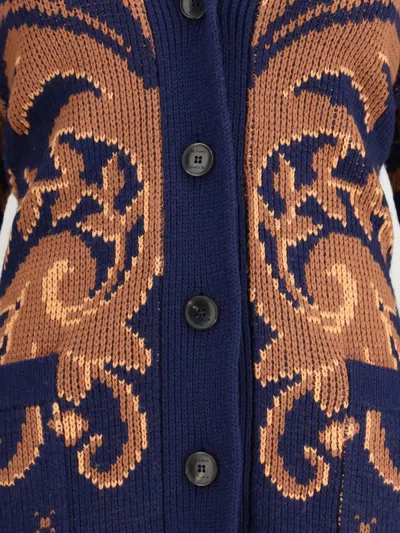 Etro Wool Jacquard V-neck Cardigan With Front Pockets In Blue