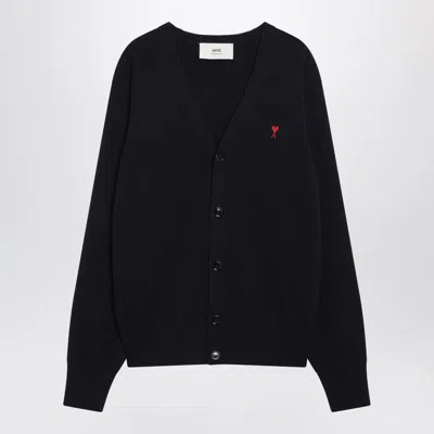Ami Alexandre Mattiussi Ami Paris Ami De Coeur Patch Merino Wool Cardigan In Black