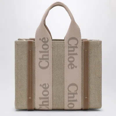 Chloé Small Woody Linen Tote Bag In Gray