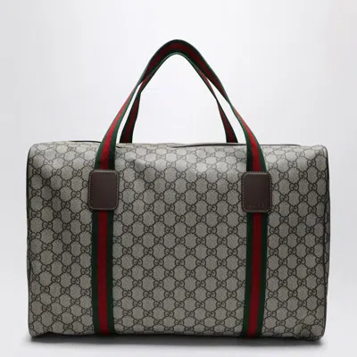 Gucci Medium Duffle Bag With Web Detail In Beige And Ebony Gg Fabric Men In Sand
