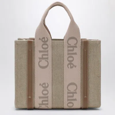 Chloé Small Woody Linen Tote Bag In Gray