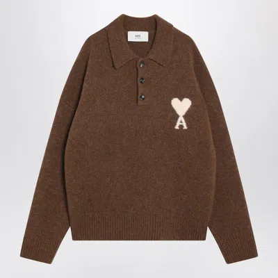 Ami Alexandre Mattiussi Ami Paris Ami Paris De Coeur Polo Sweater In Hazelnut Color In Brown