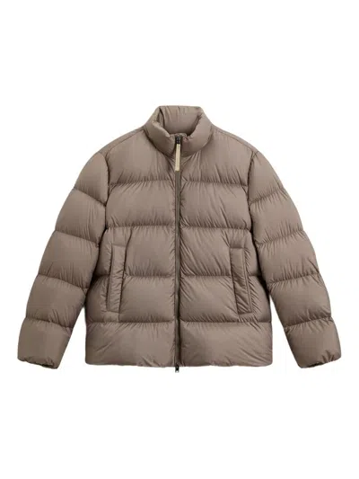 Woolrich High Neck Quilted Taupe Jacket In Brown