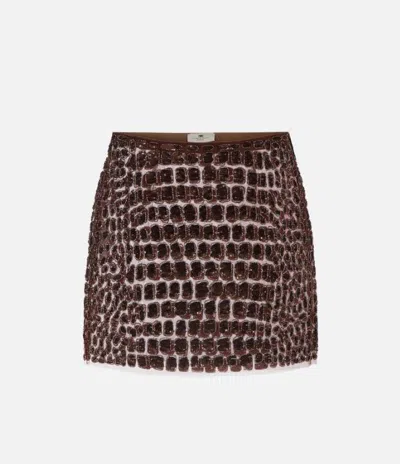Elisabetta Franchi Crocodile-effect Embroidered Mini Skirt In Brown