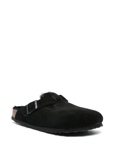 Birkenstock Arizona Unisex Suede Mule With Shearling Lining Shoes In Black
