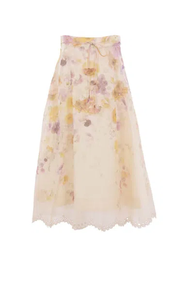 Zimmermann Womens Pansy Floral Memento Embroidered Linen And Silk Midi Skirt Xs In Neutral