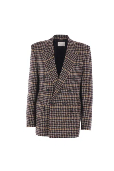 Saint Laurent Brown Double-breasted Jacket With Notched Revers And All-over Check Motif In Wool Woman In Gray