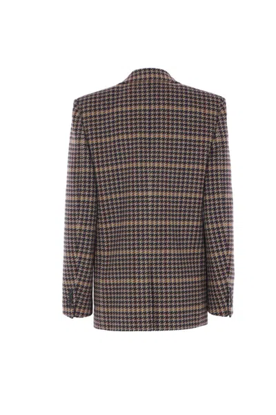 Saint Laurent Brown Double-breasted Jacket With Notched Revers And All-over Check Motif In Wool Woman In Gray
