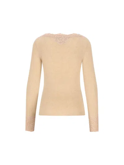 Valentino Cashmere Sweater With Lace And Boat Neckline In Neutral