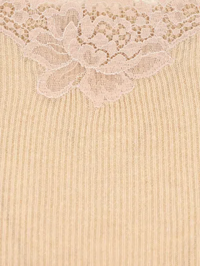 Valentino Cashmere Sweater With Lace And Boat Neckline In Neutral