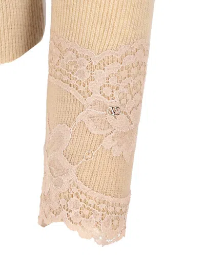 Valentino Cashmere Sweater With Lace And Boat Neckline In Neutral