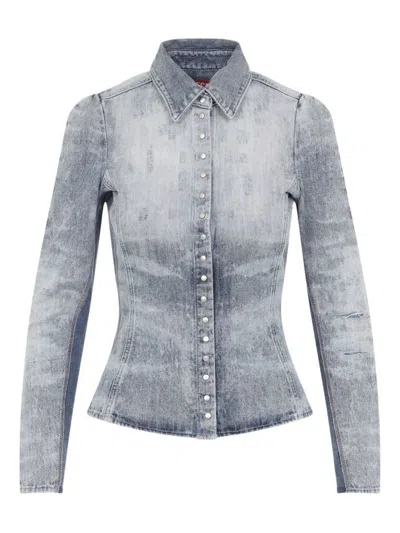 Diesel Distressed Long Sleeve Fitted Top In Blue