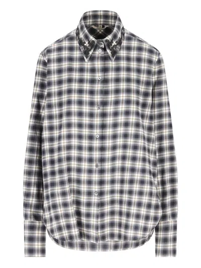 Barena Venezia Embroidered-collar Checked Shirt In White