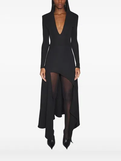 Mugler Long Sleeve Asymmetric Hem Hooded Top In Black