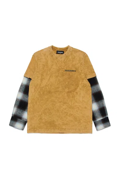 Dsquared2 Jersey T-shirt With Plaid Sleeves In Brown