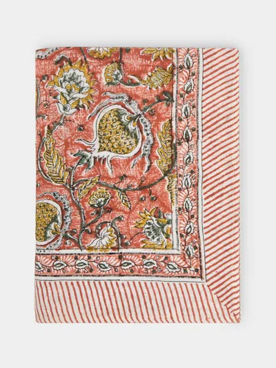 Chamois Pomegranate Block-printed Linen Rectangular Tablecloth (138in/3.5m)