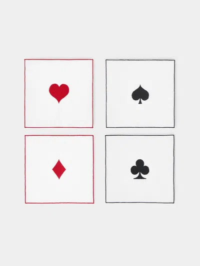 La Gallina Matta Playing Cards Embroidered Linen Cocktail Napkins (set Of 4)
