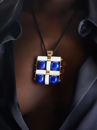 Mahnaz Collection Vintage Giorgio Facchini 18-karat Yellow Gold, Lapis Lazuli And White Agate Kinetic Pendant