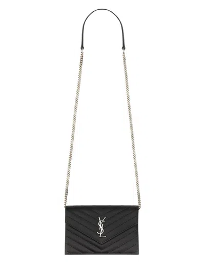 Saint Laurent "envelope Cassandre" Wallet With Chain In Black
