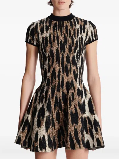 Balmain Flared Dress In Jacquard Knit With Leopard Print In Brown