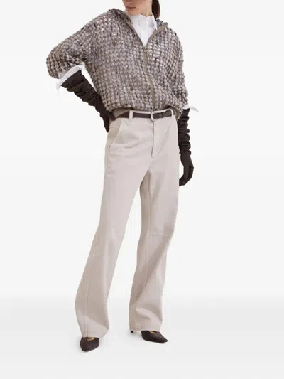 Brunello Cucinelli Balloon Net Embroidery Wool Hooded Cardigan Clothing In Neutral