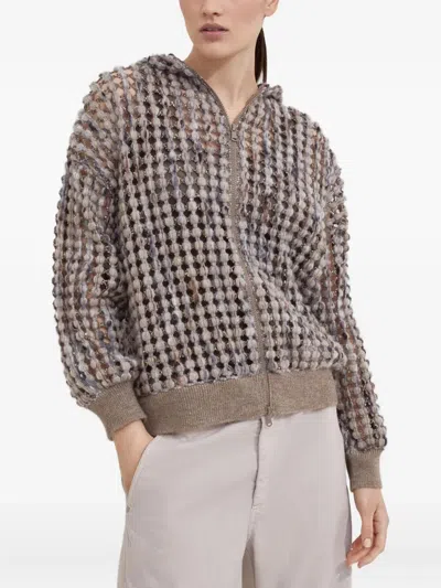 Brunello Cucinelli Balloon Net Embroidery Wool Hooded Cardigan Clothing In Neutral