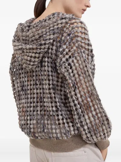 Brunello Cucinelli Balloon Net Embroidery Wool Hooded Cardigan Clothing In Neutral