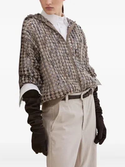 Brunello Cucinelli Balloon Net Embroidery Wool Hooded Cardigan Clothing In Neutral