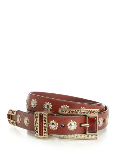Golden Goose Belt With Amber Inserts Leather Body With Metallic Gold Flower Details Belts Brown In Brown