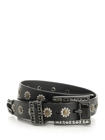Golden Goose Belt With Amber Inserts Leather Body With Ruthenium Flower Details Belts Black In Black