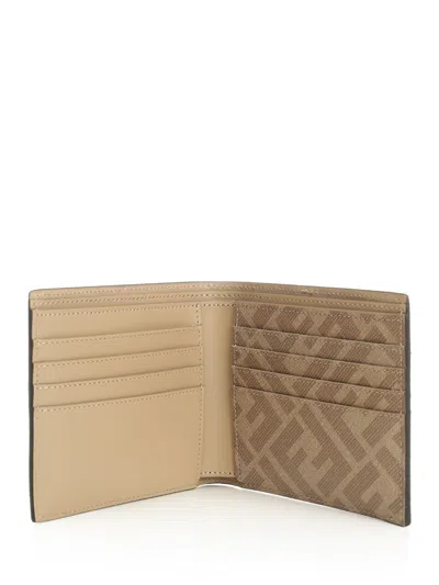 Fendi Beige Ff Canvas And Leather Compact Bi-fold Wallet In Brown