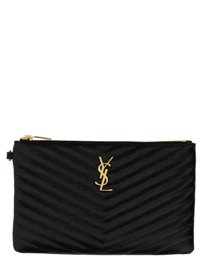 Saint Laurent Monogram Ysl Large Chevron Quilted Flat Wristlet Pouch Bag In Black
