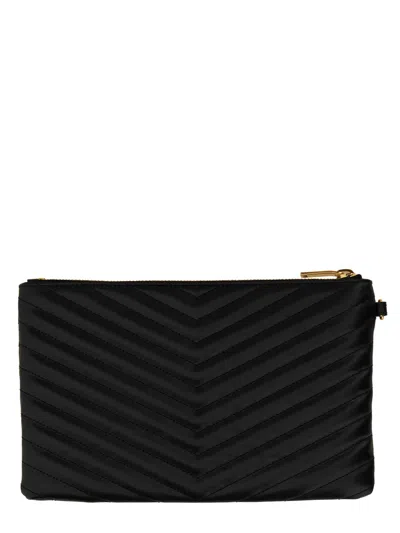 Saint Laurent Monogram Ysl Large Chevron Quilted Flat Wristlet Pouch Bag In Black