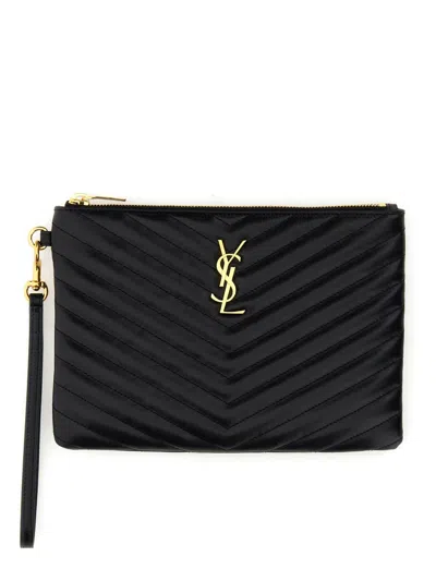 Saint Laurent Monogram Ysl Large Chevron Quilted Flat Wristlet Pouch Bag In Black