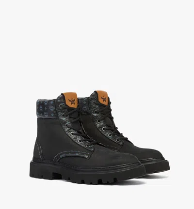 Mcm Ankle Boots In Nubuck And Monogram Print Leather In Black