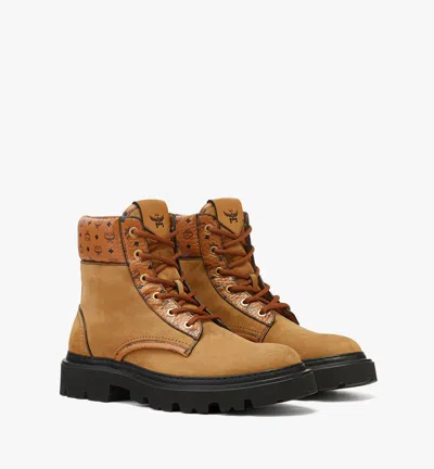 Mcm Ankle Boots In Nubuck And Monogram Print Leather In Brown