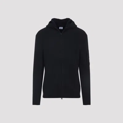 C.p. Company Signature Lens Ribbed Knit Cardigan With Hood In Black
