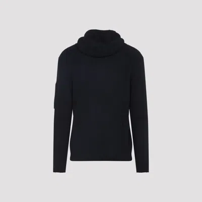 C.p. Company Signature Lens Ribbed Knit Cardigan With Hood In Black