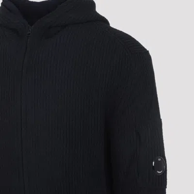 C.p. Company Signature Lens Ribbed Knit Cardigan With Hood In Black