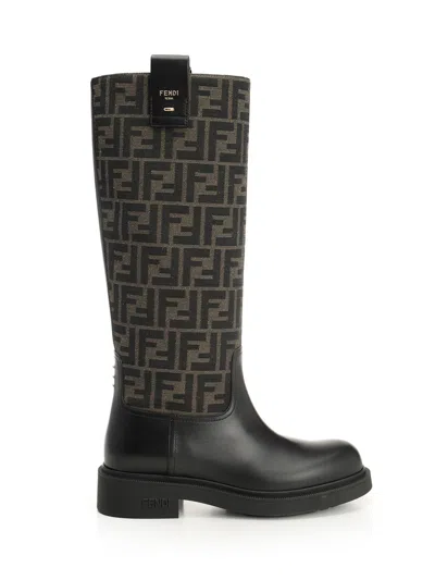 Fendi Tall Boots With Signature Monogram Pattern And Branded Detailing In Brown