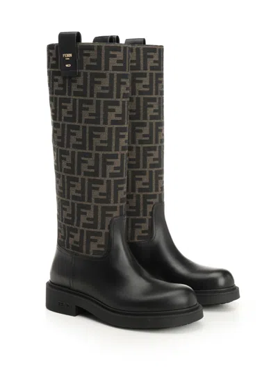 Fendi Tall Boots With Signature Monogram Pattern And Branded Detailing In Brown