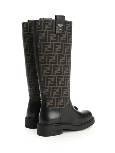Fendi Tall Boots With Signature Monogram Pattern And Branded Detailing In Brown