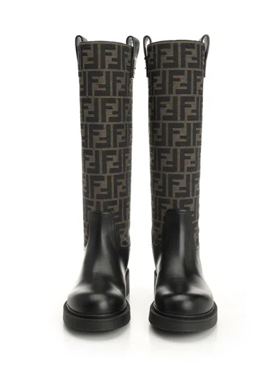 Fendi Tall Boots With Signature Monogram Pattern And Branded Detailing In Brown