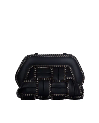 Themoirè Structured Woven Clutch With Beige Stitching In Black