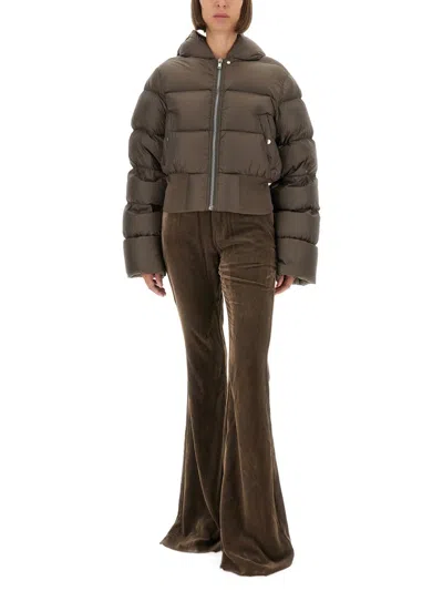 Rick Owens Brown Down Jacket With Crop Design And Fixed Hood In Tech Fabric Woman
