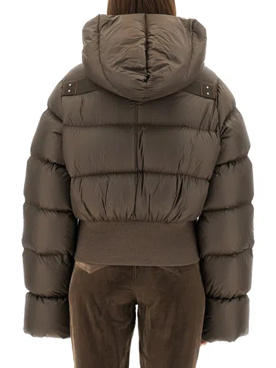 Rick Owens Brown Down Jacket With Crop Design And Fixed Hood In Tech Fabric Woman