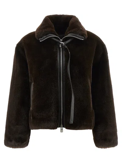 Pinko Ink-effect Faux Fur Blouson Jacket In Brown